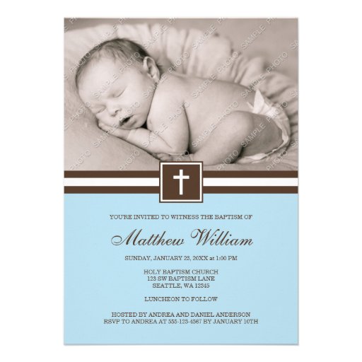 Blue and Brown Cross Boy Photo Baptism Personalised Invite