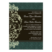 Blue and Brown Damask Vintage Wedding Invitation