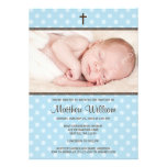 Blue and Brown Polka Dot Cross Boy Photo Baptism Personalised Invites