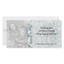 blue and cream damask flourish pattern personalized photo card