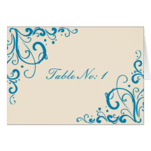 Blue and Cream Flourish Wedding Table Card
