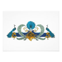 Blue and golden peacocks and wreaths personalized announcement