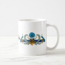 Blue and golden peacocks and wreaths mug
