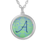 Blue and Green Damask Custom Monogram Pendant