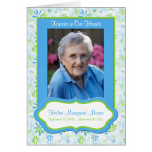 Blue and Green Floral Memorial Card with Photo
