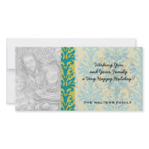 blue and green ornate damask fleur pattern photo card