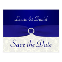 Blue and Ivory Damask Save the Date Postcard