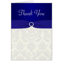 Blue and Ivory Damask Thank you Card