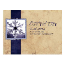 Blue and Ivory Winter Snowflake Save the Date Post Cards
