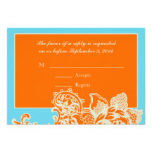 Blue and Orange Floral Scroll Wedding RSVP Cards Personalized Announcement