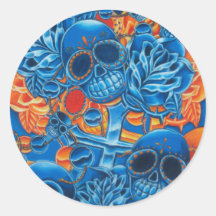 Blue and Orange Skulls Round Stickers