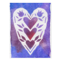 Blue and Purple Cut Paper Heart Mixed Media Art Post Cards