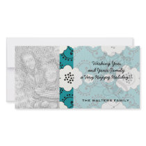 blue and white boho chic flower damask pattern customised photo card