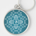 Blue and White Damask Monogrammed Key Chain