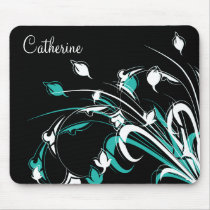 Blue and White Flowers on Black Mousepad
