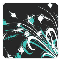 Blue and White Flowers on Black Square Sticker
