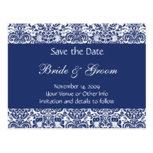 Blue and White Personalised Damask Save the Date Postcards
