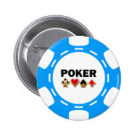 BLUE AND WHITE POKER CHIP PINBACK BUTTON