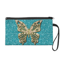 Blue Aqua Glitter Golden Butterfly Wristlet Purses