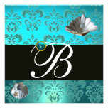 BLUE AQUAMARINE DAMASK BEACH WEDDING MONOGRAM PERSONALIZED INVITE