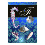 BLUE AQUAMARINE DAMASK BEACH WEDDING MONOGRAM CUSTOM INVITATION