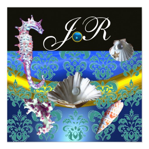 BLUE AQUAMARINE DAMASK BEACH WEDDING MONOGRAM INVITES
