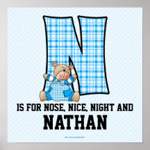 Blue Bear Monogram "N" Baby Room Poster