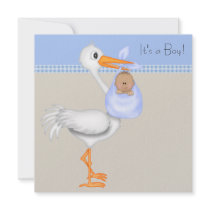 Blue Beige Gingham Stork Baby Boy Shower Personalized Announcement