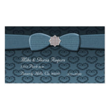 Blue & Black Damask Hearts Bow Bling Business Card Template