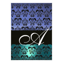 BLUE BLACK  DAMASK MONOGRAM ,bright white Personalized Invite