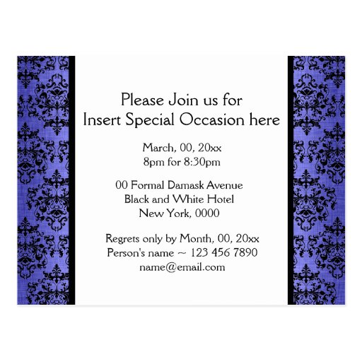 Blue black damask stylish party post cards