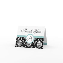 Blue Black Damask Wedding Monogram Thank You Card