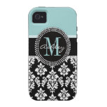 BLUE, BLACK DAMASK, YOUR MONOGRAM ,YOUR NAME Case-Mate iPhone 4 COVER