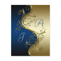 Blue Black Gold Ornate Swirls Save The Date Postcards