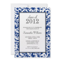 Blue Black Swirl Damask Graduation Announcement