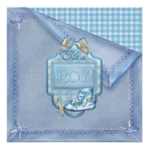 Blue Blanket Vintage Bootie Plaid Blue Brown Baby  Custom Invite