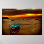 blue boat orange sky print