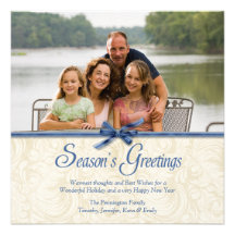 Blue bow season's greetings christmas photo card custom invitation