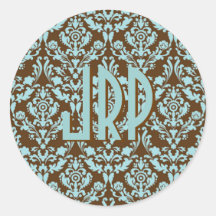 Blue & Brown Monogrammed Damask Round Stickers
