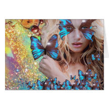 BLUE BUTTERFLY IN TEAL GREEN GOLD SPARKLES GREETING CARD
