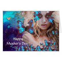 BLUE BUTTERFLY IN TEAL GREEN GOLD SPARKLES GREETING CARD