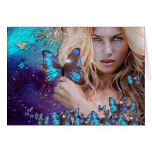 BLUE BUTTERFLY IN TEAL GREEN GOLD SPARKLES CARDS