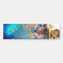 BLUE BUTTERFLY WITH GREEN GOLD SPARKLES BUMPER STICKERS
