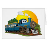 Blue Cartoon Passenger Steam Engine Greeting Cards
