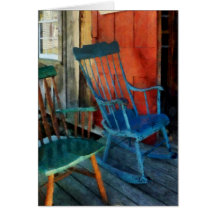 Blue Chair Against Red Door Greeting Cards