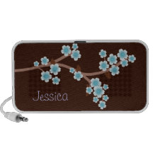 Blue Cherry Blossoms Brown Doodle Speaker