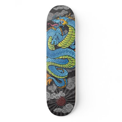 Blue Chinese Dragon on Black Skateboards by Brewerarts