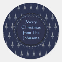 Blue Christmas Trees and Stars Round Sticker