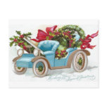 Blue Convertible with Holly Wreaths and Red Bows Post Card