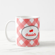 Blue country gingham pattern red cherry personal mugs
